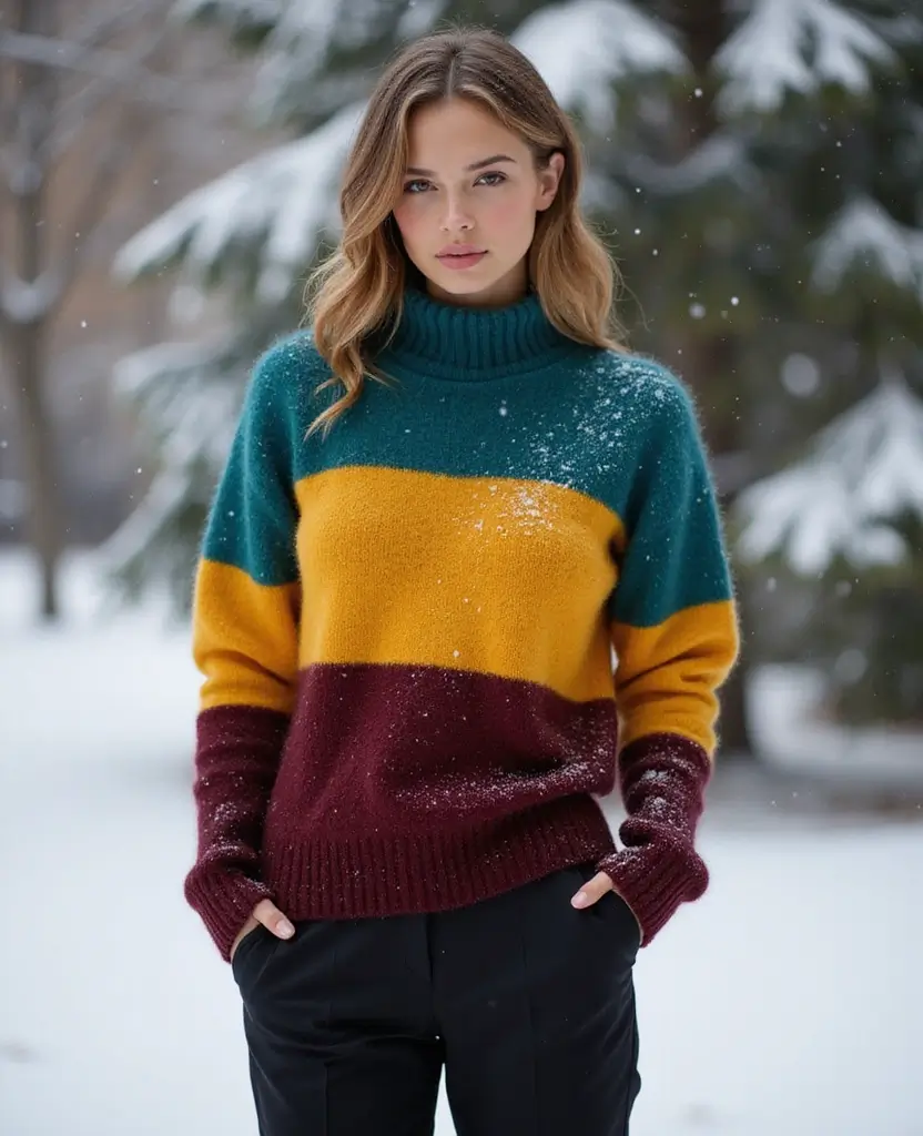 21 Baddie Outfit Ideas for Ultimate Confidence - 11. Color-Blocked Sweater with Slim-Fit Trousers