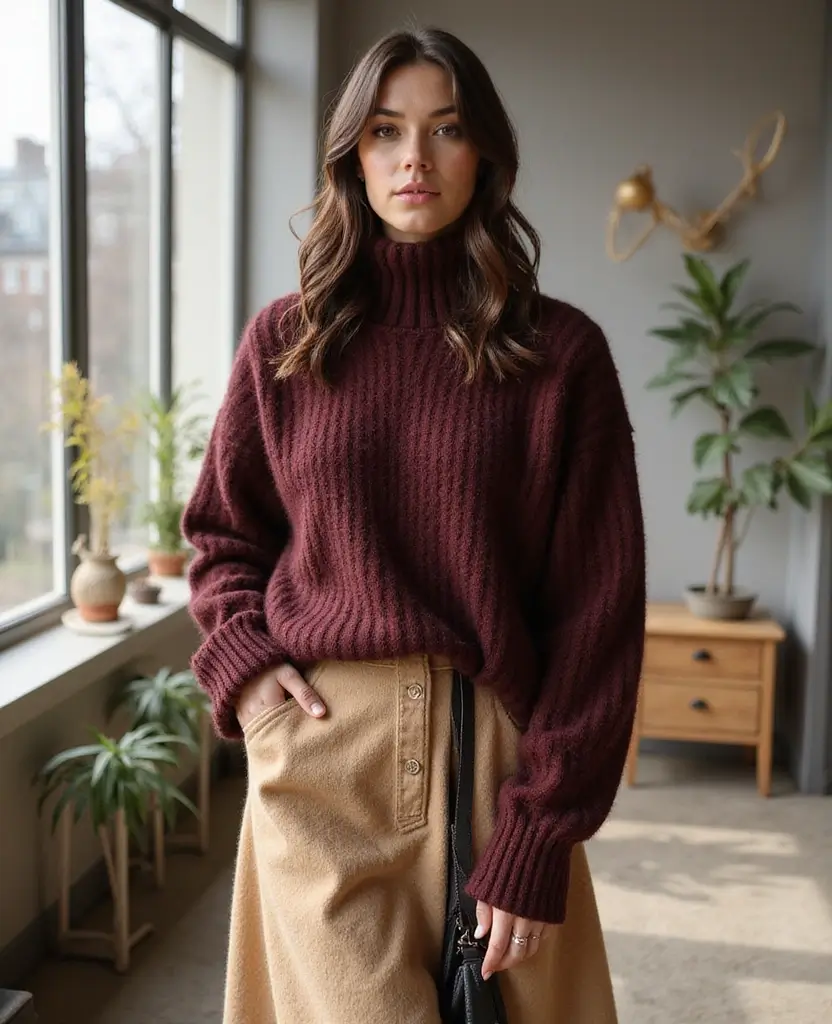 21 Baddie Outfit Ideas for Ultimate Confidence - 14. Layered Midi Skirt with Chunky Sweater