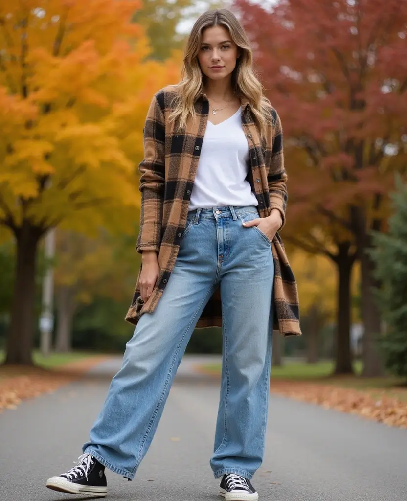 21 Baggy Outfit Ideas for Laid-Back Days - 2. Baggy Jeans and a Fitted Tee