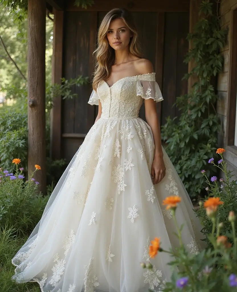 21 Ball Gown Wedding Dresses for a Fairytale Wedding - 4. Bohemian Off-the-Shoulder Dream