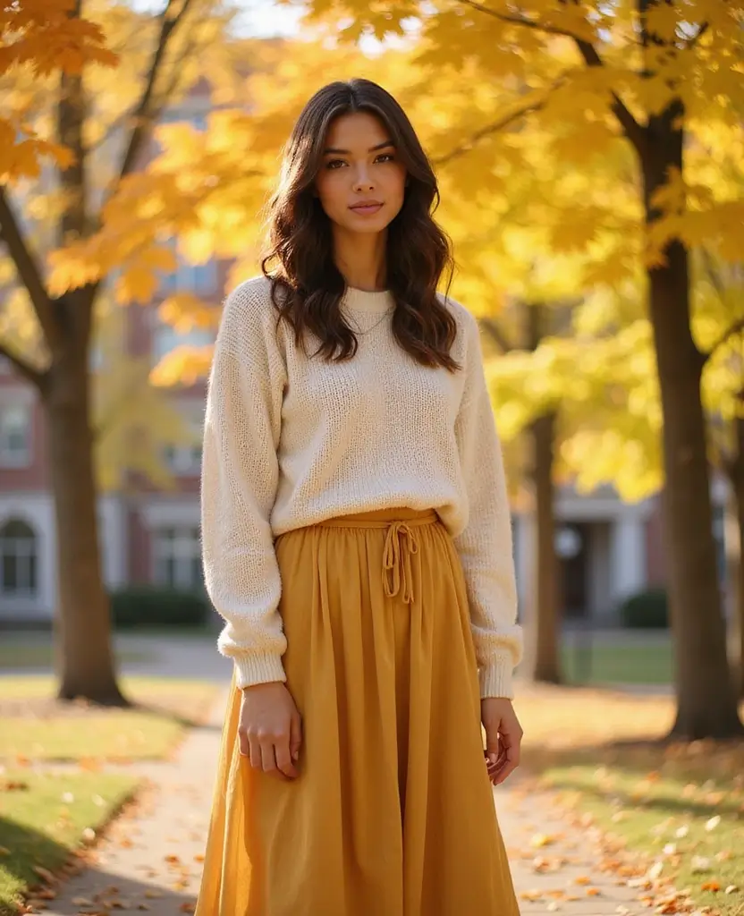 21 College Outfit Ideas for Effortless Chic - 2. Midi Skirt with a Cozy Sweater