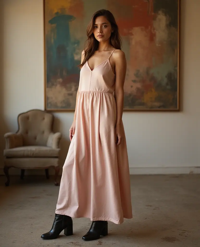 21 Dress and Boots Outfits That Scream Confidence - 4. Slip Dress with Chunky Heeled Boots