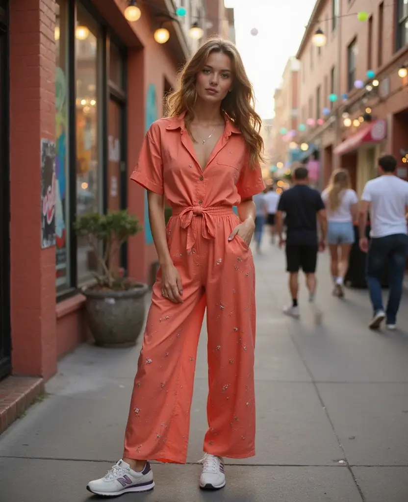 21 Dress to Impress Theme Outfit Ideas for Parties Featuring New Balance Shoes - 10. Casual Jumpsuit with Sneakers
