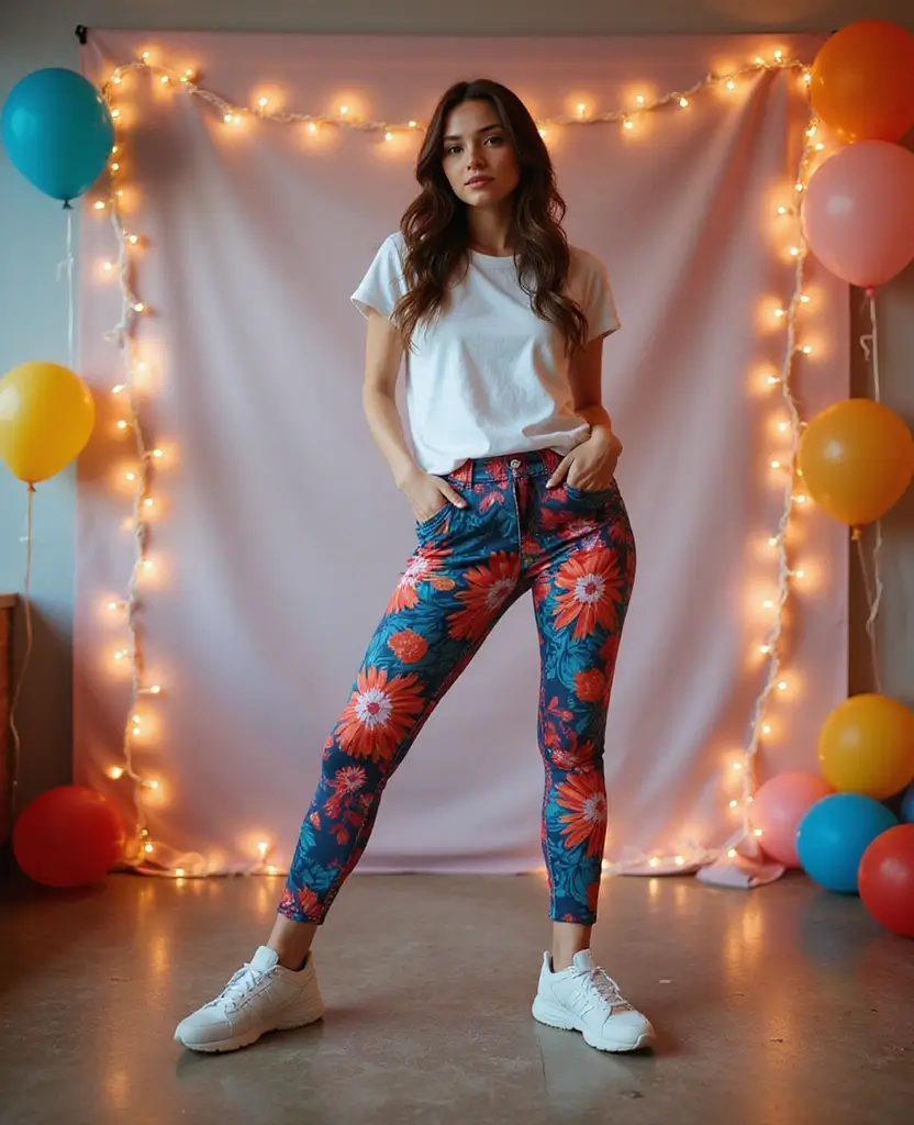 21 Dress to Impress Theme Outfit Ideas for Parties Featuring New Balance Shoes - 12. Statement Print Leggings and Tee