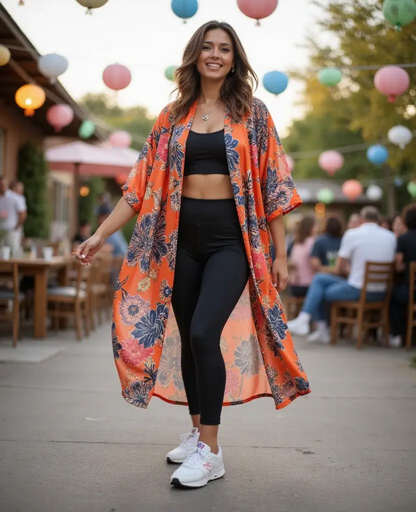 21 Dress to Impress Theme Outfit Ideas for Parties Featuring New Balance Shoes - 17. Sporty Kimono with Leggings