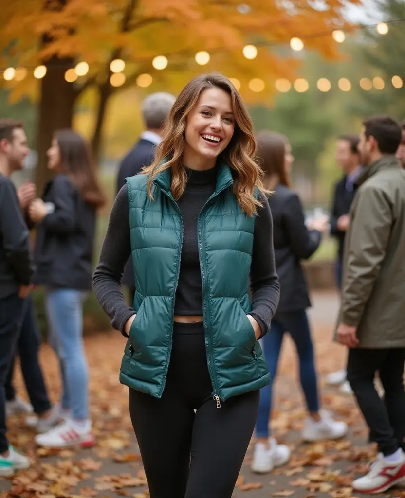 21 Dress to Impress Theme Outfit Ideas for Parties Featuring New Balance Shoes - 19. Lightweight Puffer Vest and Leggings