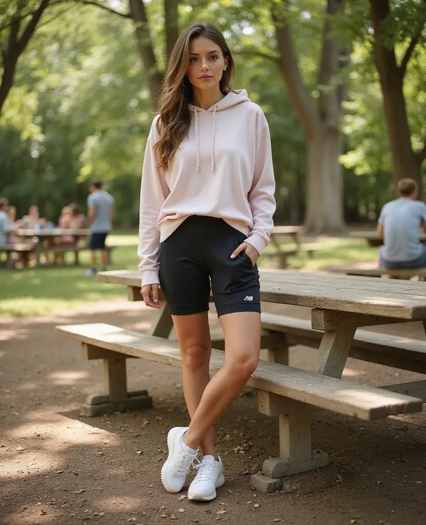 21 Dress to Impress Theme Outfit Ideas for Parties Featuring New Balance Shoes - 6. Longline Hoodies with Cycling Shorts