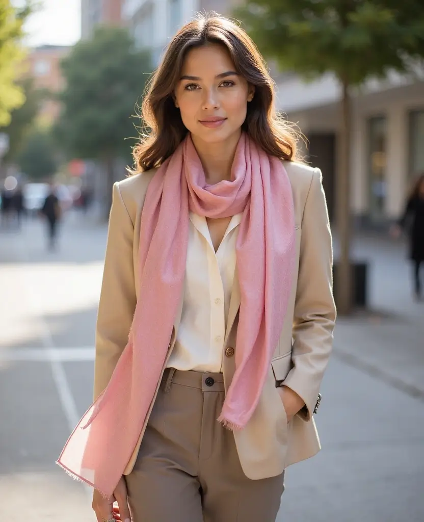 21 Pink Outfit Ideas That Are Pretty and Playful - 11. Pink Scarf with Neutral Outfit