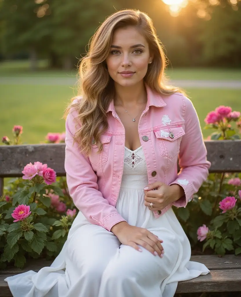 21 Pink Outfit Ideas That Are Pretty and Playful - 3. Pink Denim Jacket Over a White Dress