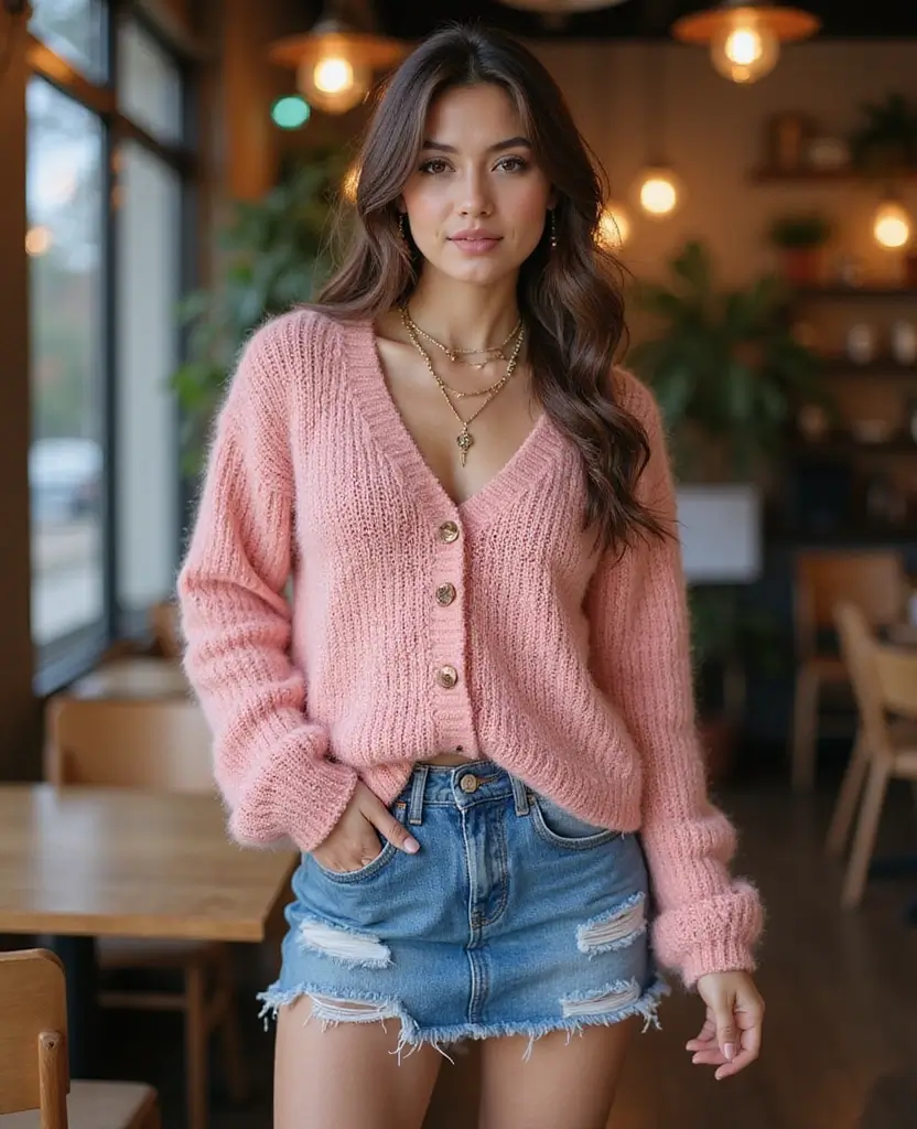 21 Pink Outfit Ideas That Are Pretty and Playful - 5. Pink Knit Sweater and Denim Skirt
