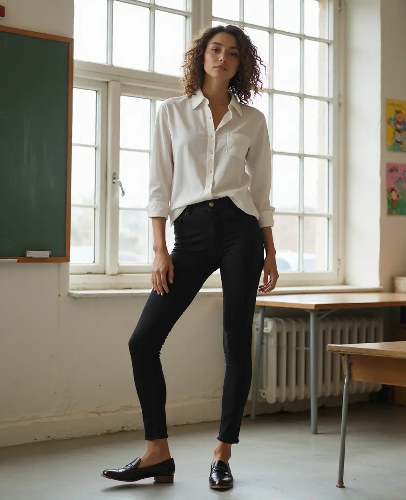21 School Leggings Outfit Ideas for Comfort & Style - 13. Classic Button-Up Shirt and Leggings