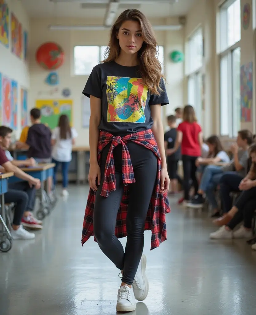 21 School Leggings Outfit Ideas for Comfort & Style - 3. Graphic Tee and High-Waisted Leggings