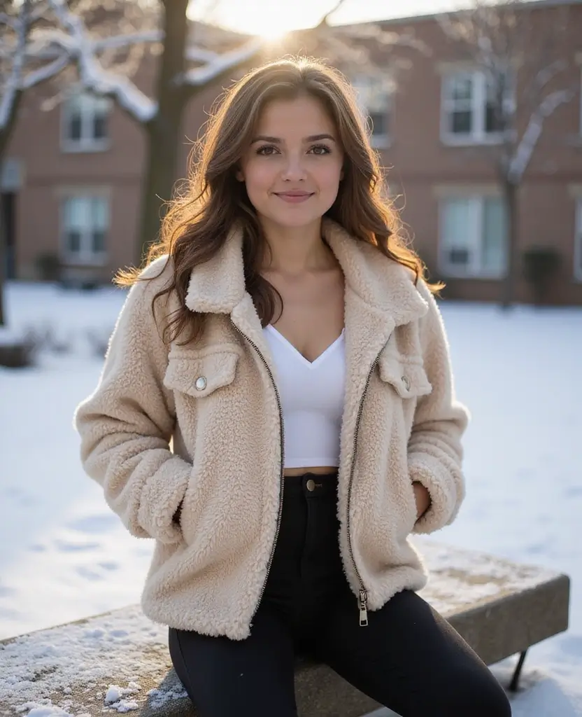 21 School Winter Outfit Ideas That Are Warm & Trendy - 12. Fuzzy Sherpa Jacket with Leggings