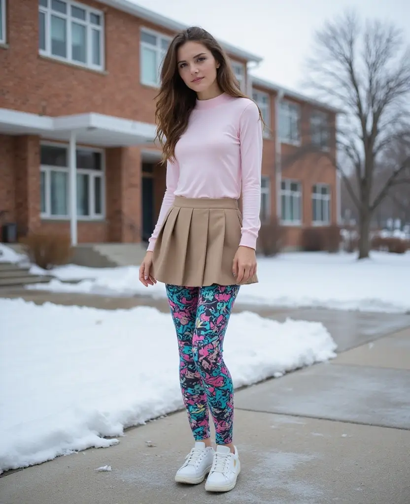 21 School Winter Outfit Ideas That Are Warm & Trendy - 16. Printed Leggings Under Skirts
