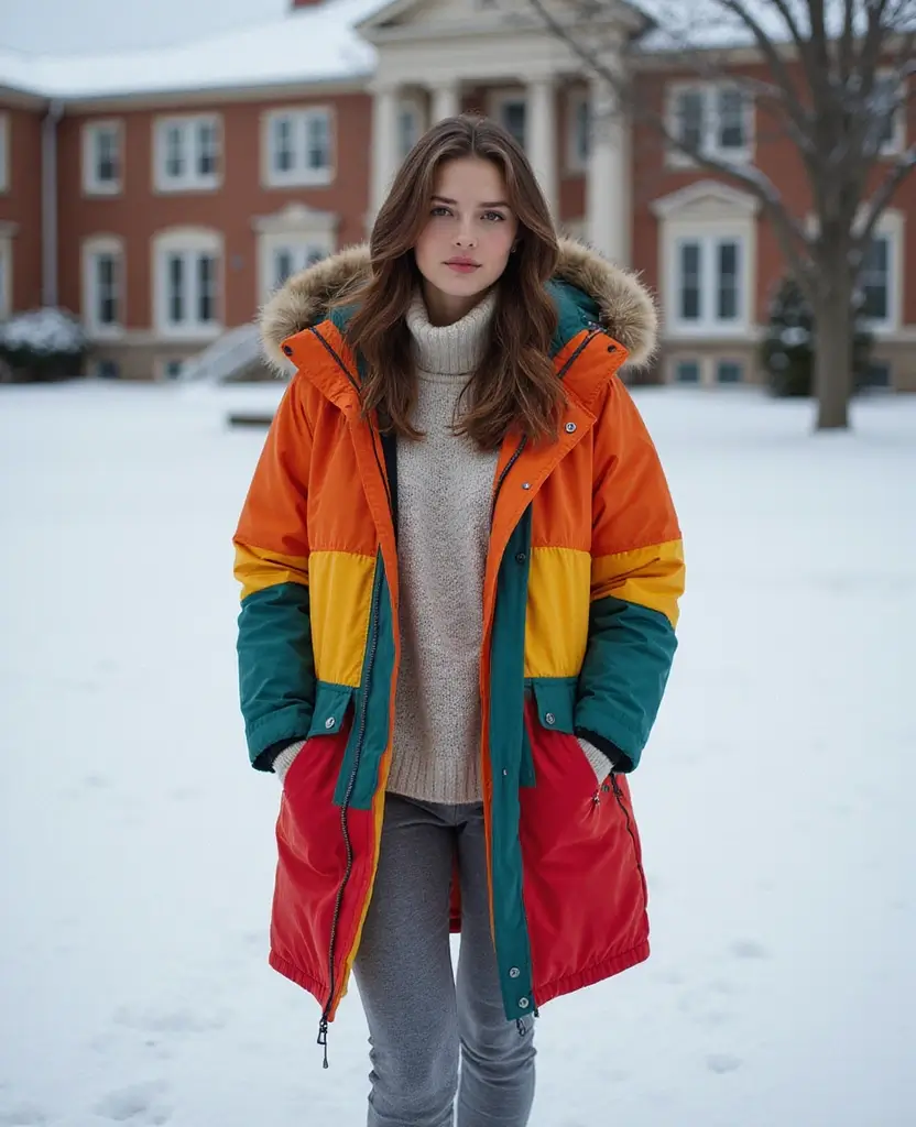 21 School Winter Outfit Ideas That Are Warm & Trendy - 20. Colorful Parka with Neutral Layers