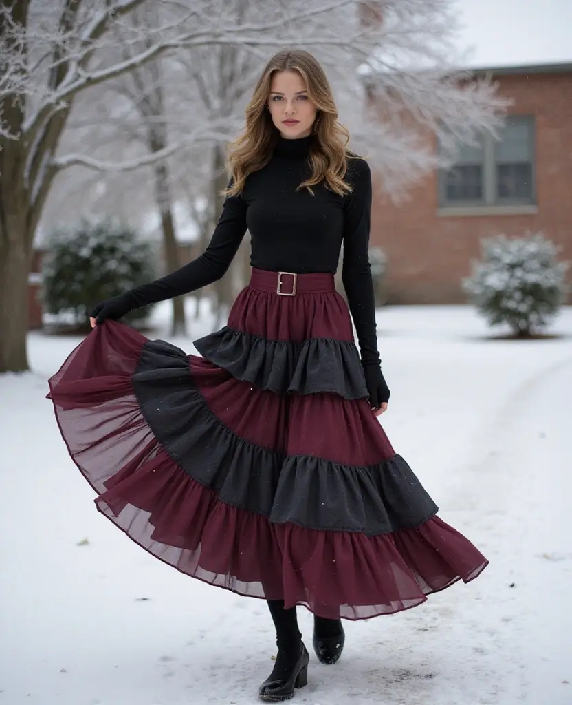 21 School Winter Outfit Ideas That Are Warm & Trendy - 21. Layered Skirt with Thick Tights