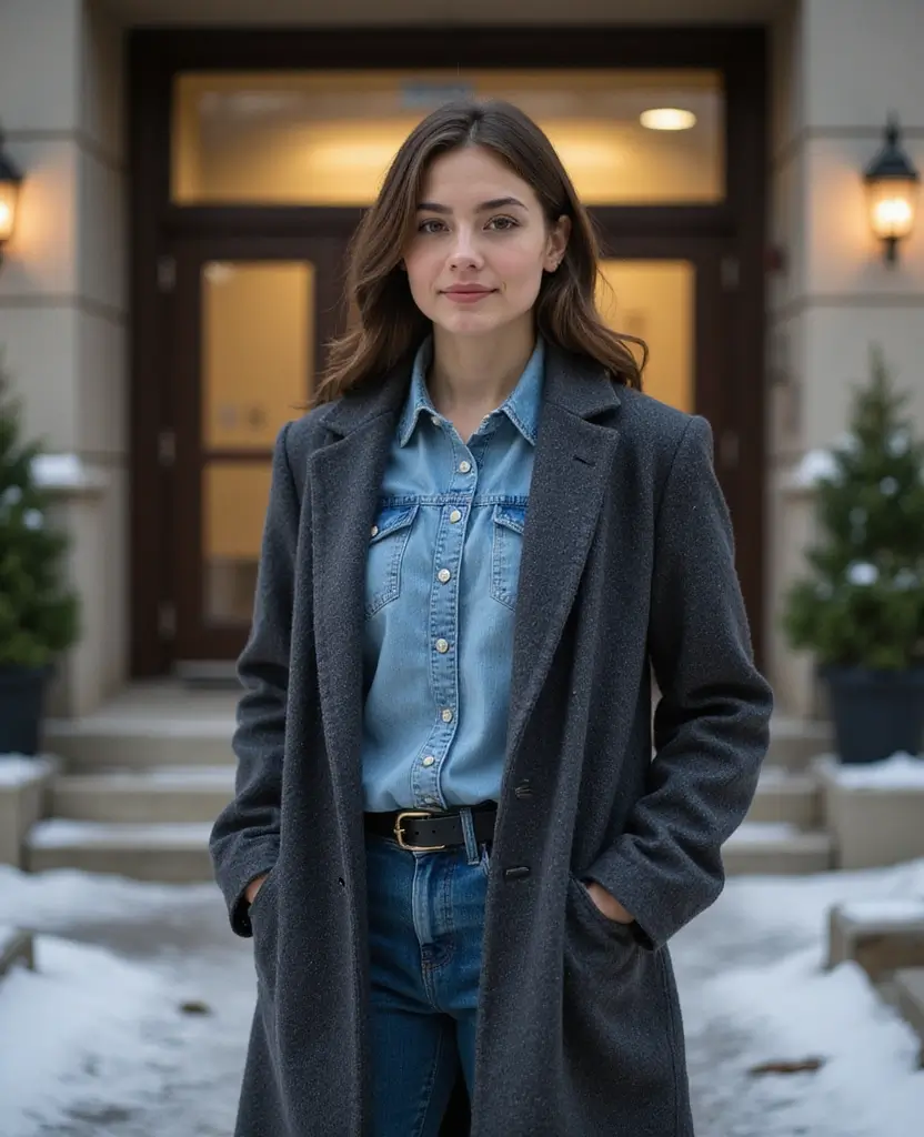 21 School Winter Outfit Ideas That Are Warm & Trendy - 3. Denim Jacket Under a Wool Coat