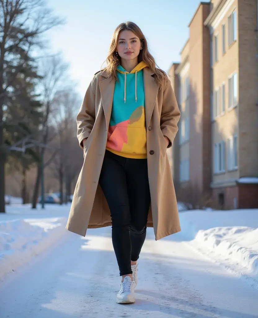 21 School Winter Outfit Ideas That Are Warm & Trendy - 5. Cozy Hoodie with a Long Coat
