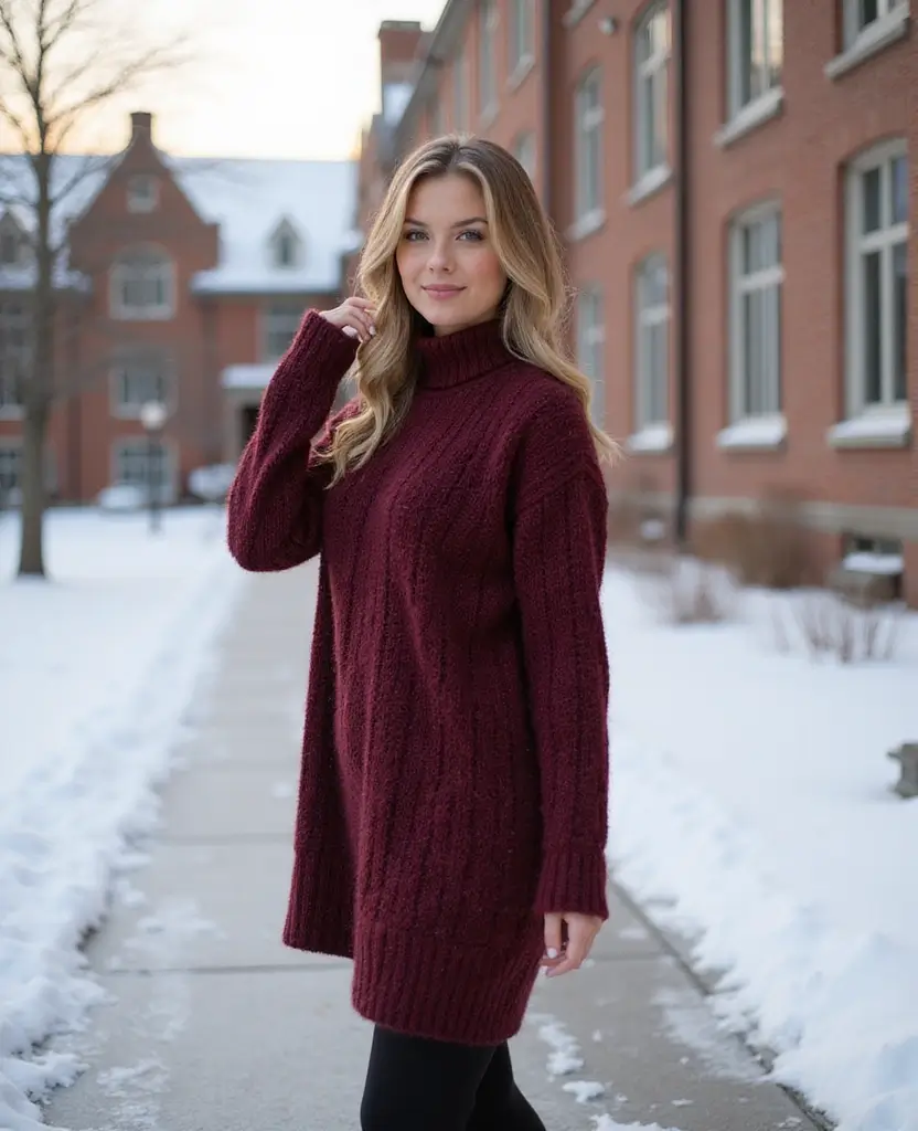 21 School Winter Outfit Ideas That Are Warm & Trendy - 7. Stylish Sweater Dress with Tights