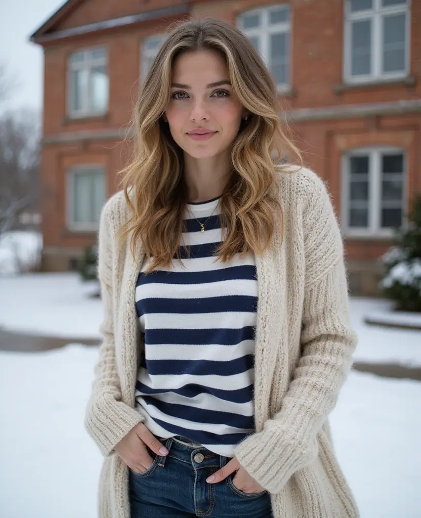 21 School Winter Outfit Ideas That Are Warm & Trendy - 8. Classic Striped Top with a Wool Sweater