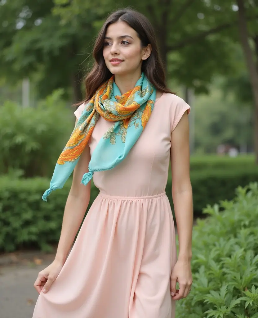 21 Stylish Outfit Ideas for Church Services - 12. Colorful Scarf with a Simple Dress