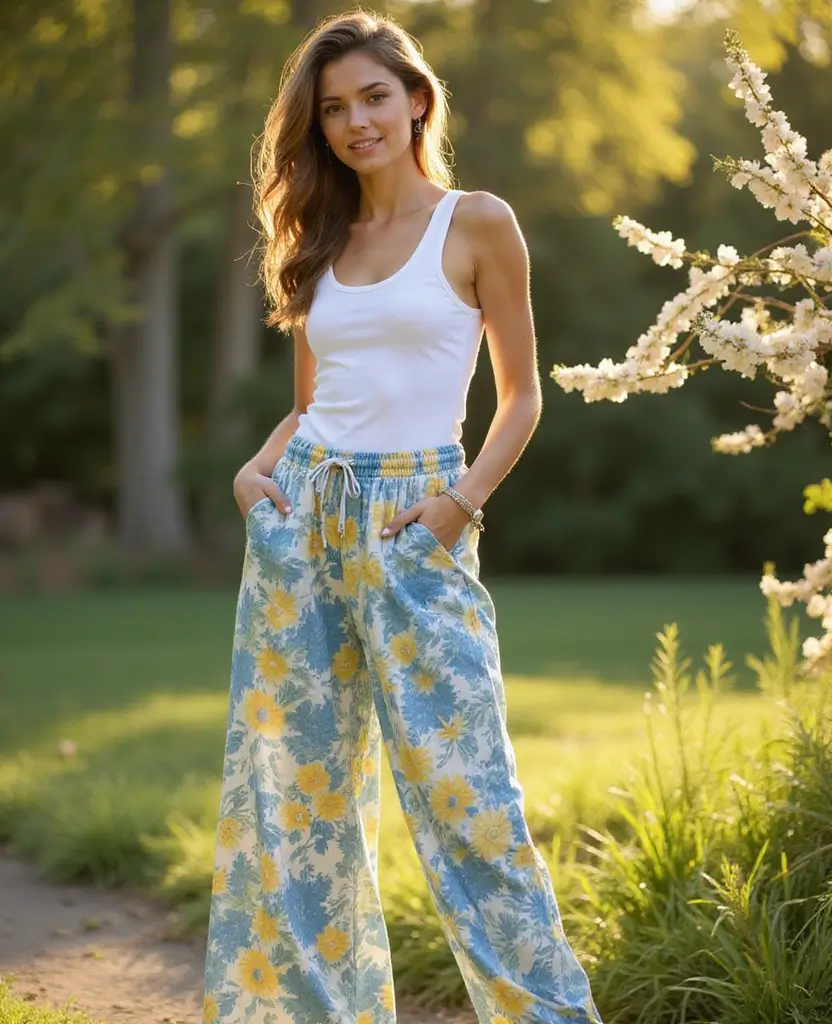 21 Stylish Outfit Ideas for Church Services - 13. Printed Palazzo Pants with a Solid Top