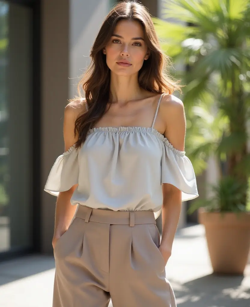 21 Stylish Outfit Ideas for Church Services - 18. Off-Shoulder Top with Trousers