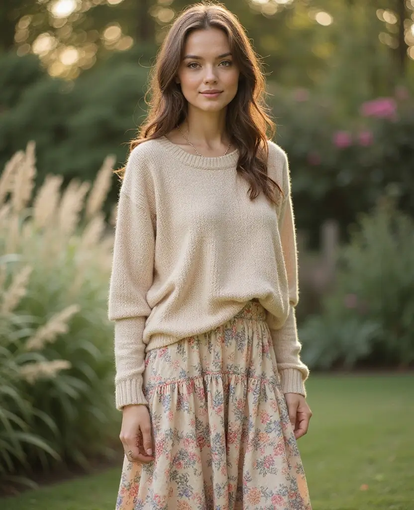 21 Stylish Outfit Ideas for Church Services - 4. Layered Skirt with a Knit Sweater