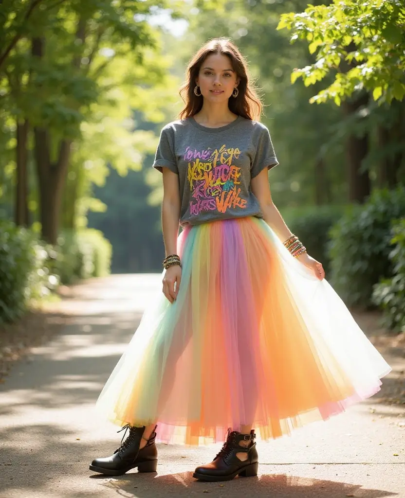 22 Alt Outfit Ideas for the Unconventional You - 3. Graphic Tee and Tulle Skirt Combo