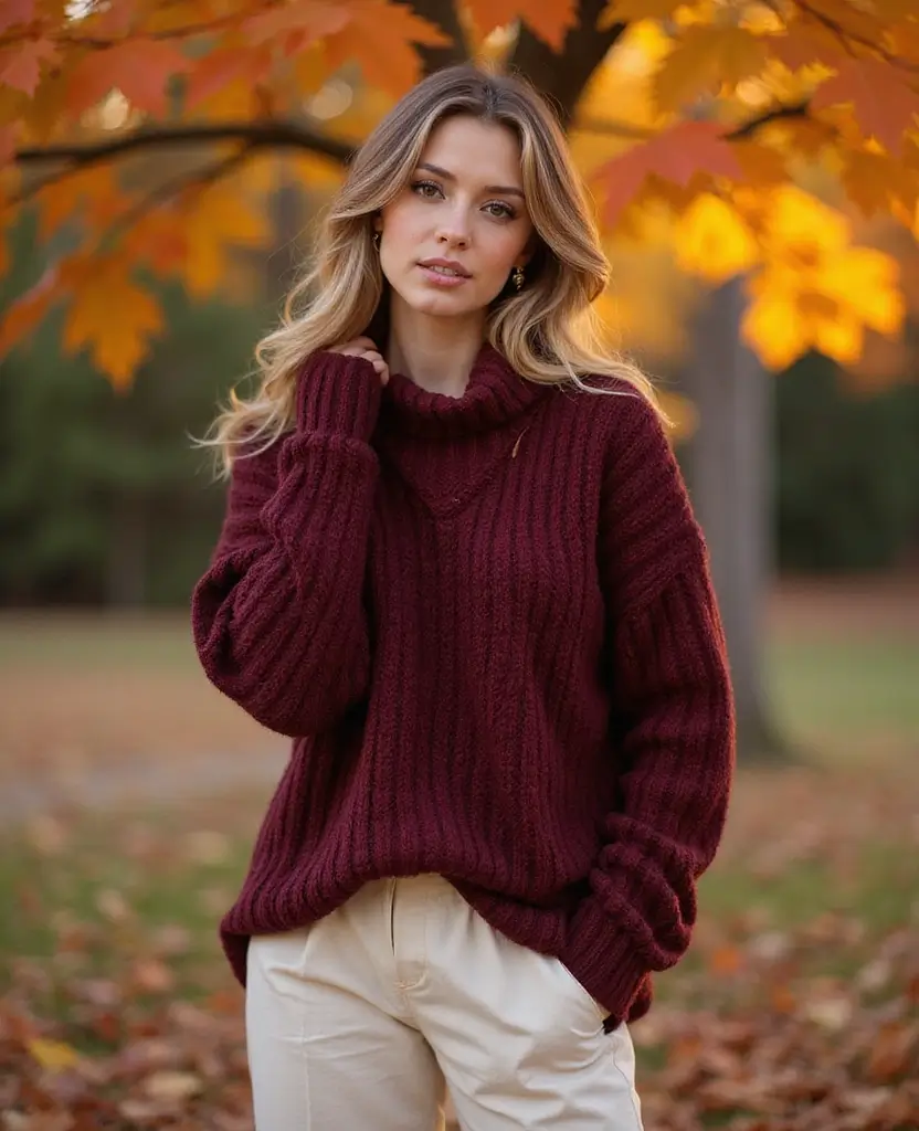 22 Autumn Outfit Ideas for Cozy Vibes - 1. Chunky Knit Sweater and Wide-Leg Trousers
