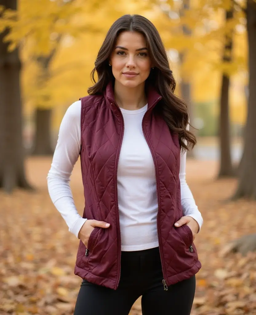 22 Autumn Outfit Ideas for Cozy Vibes - 10. Quilted Vest with a Long Sleeve Tee and Leggings