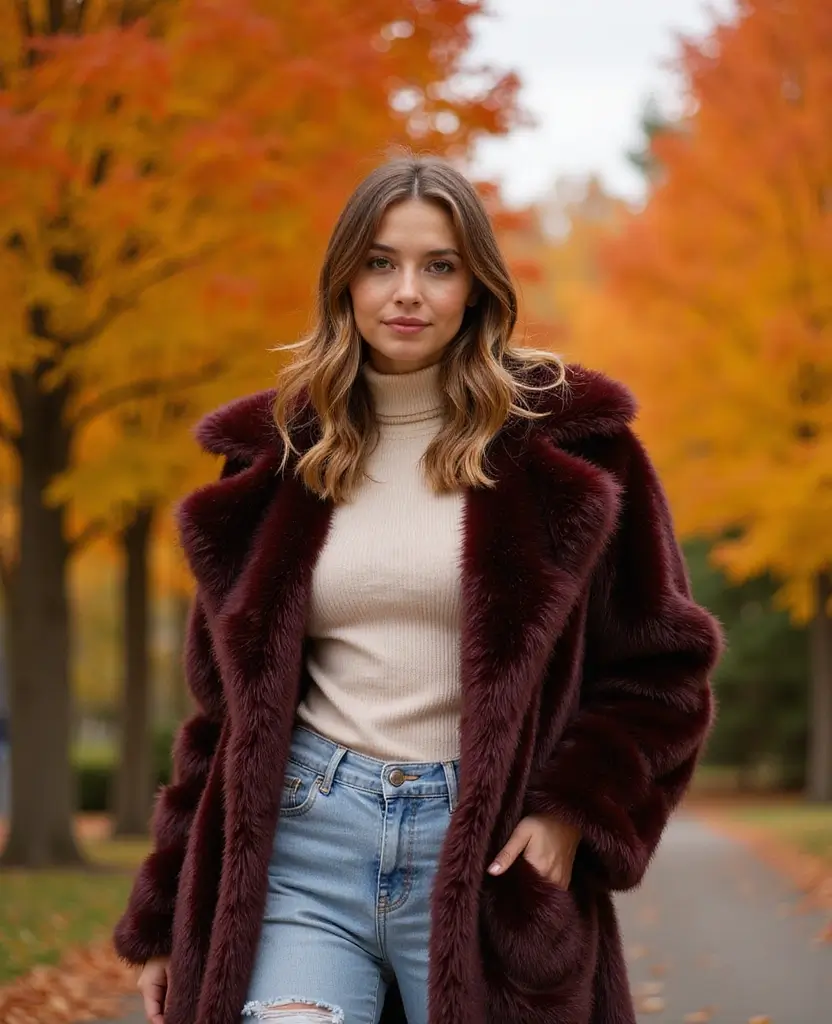 22 Autumn Outfit Ideas for Cozy Vibes - 13. Faux Fur Coat Over a Casual Outfit
