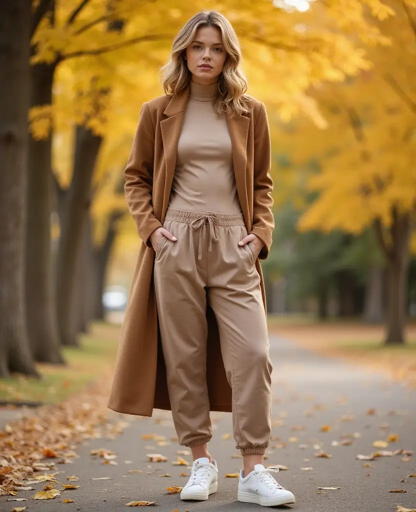 22 Autumn Outfit Ideas for Cozy Vibes - 18. Stylish Tracksuit with a Long Coat