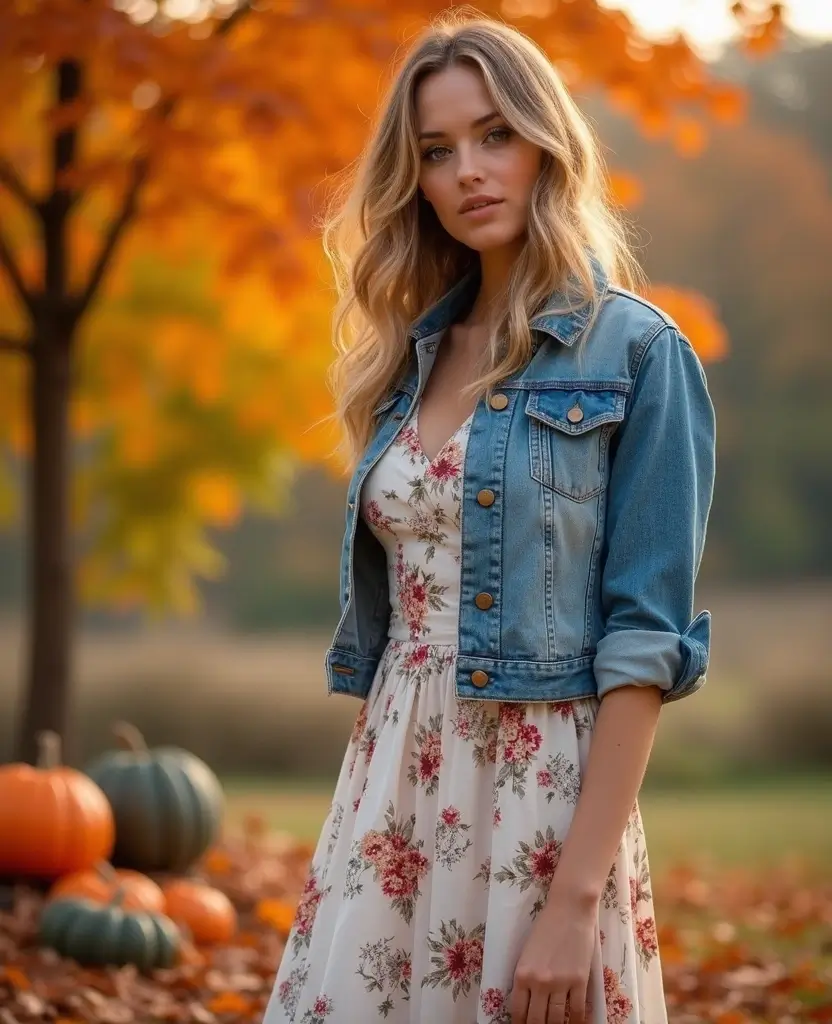 22 Autumn Outfit Ideas for Cozy Vibes - 2. Layered Midi Dress with a Denim Jacket