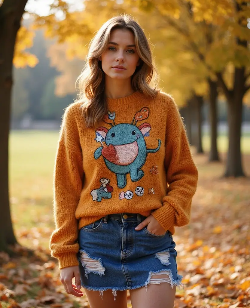 22 Autumn Outfit Ideas for Cozy Vibes - 20. Graphic Sweater with Denim Skirt