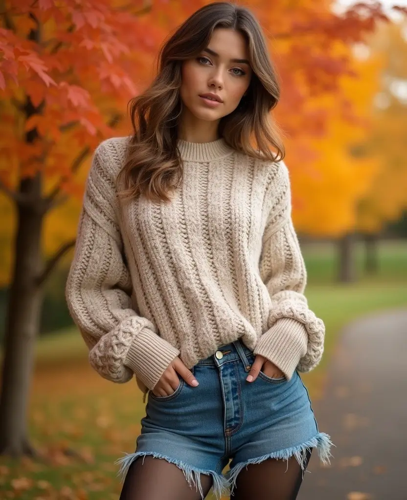 22 Autumn Outfit Ideas for Cozy Vibes - 21. High-Waisted Shorts with Tights and a Sweater