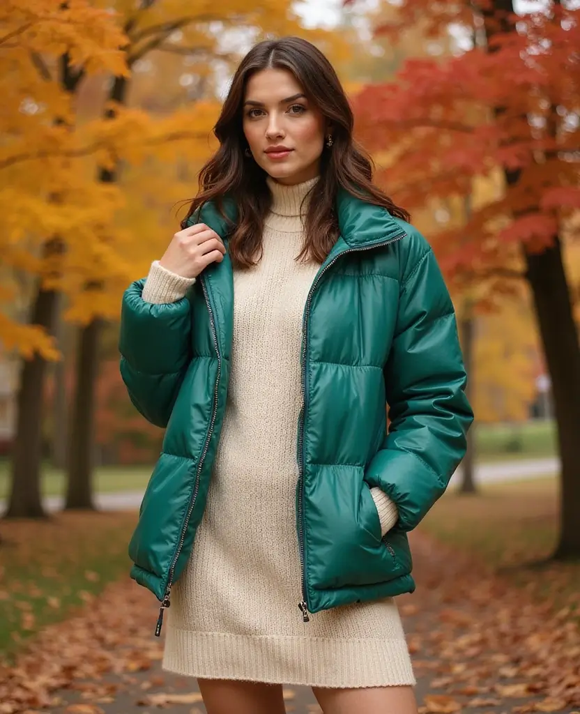 22 Autumn Outfit Ideas for Cozy Vibes - 9. Puffer Jacket with a Sweater Dress