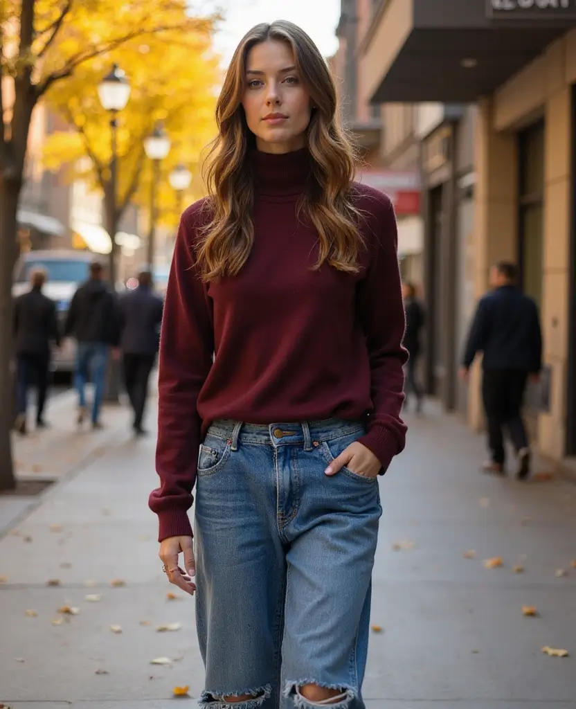 22 Baggy Jeans Outfit Ideas for Effortless Cool - 6. Chic with a Fitted Turtleneck