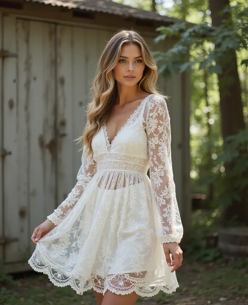 22 Boho Wedding Dresses for Free-Spirited Brides - 10. Sheer Lace Long Sleeve Dress