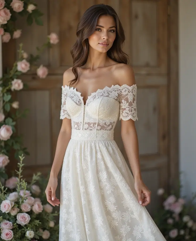 22 Boho Wedding Dresses for Free-Spirited Brides - 2. Off-the-Shoulder Lace Gown