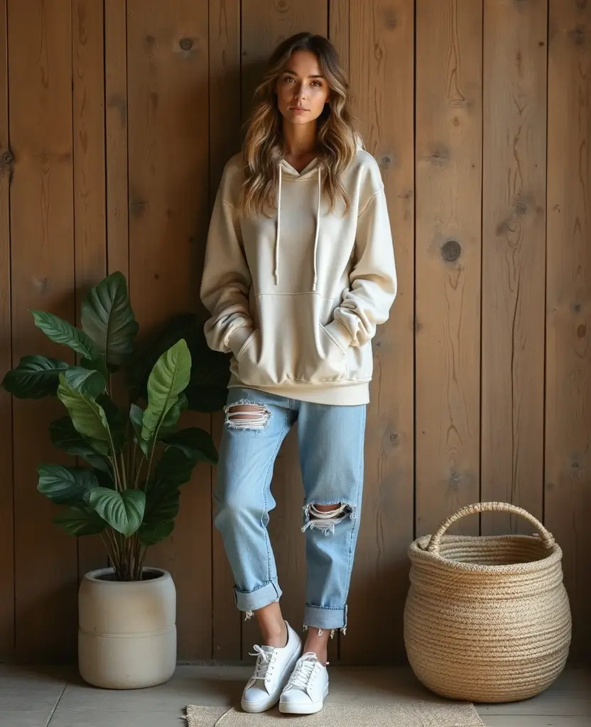 22 Casual Outfit Ideas for Laid-Back Days - 10. Sustainable Hoodie with Distressed Jeans