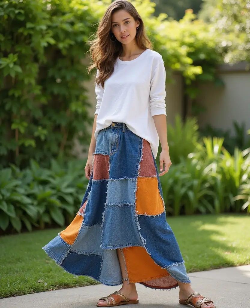 22 Casual Outfit Ideas for Laid-Back Days - 11. Patchwork Denim Skirt with a Simple Top