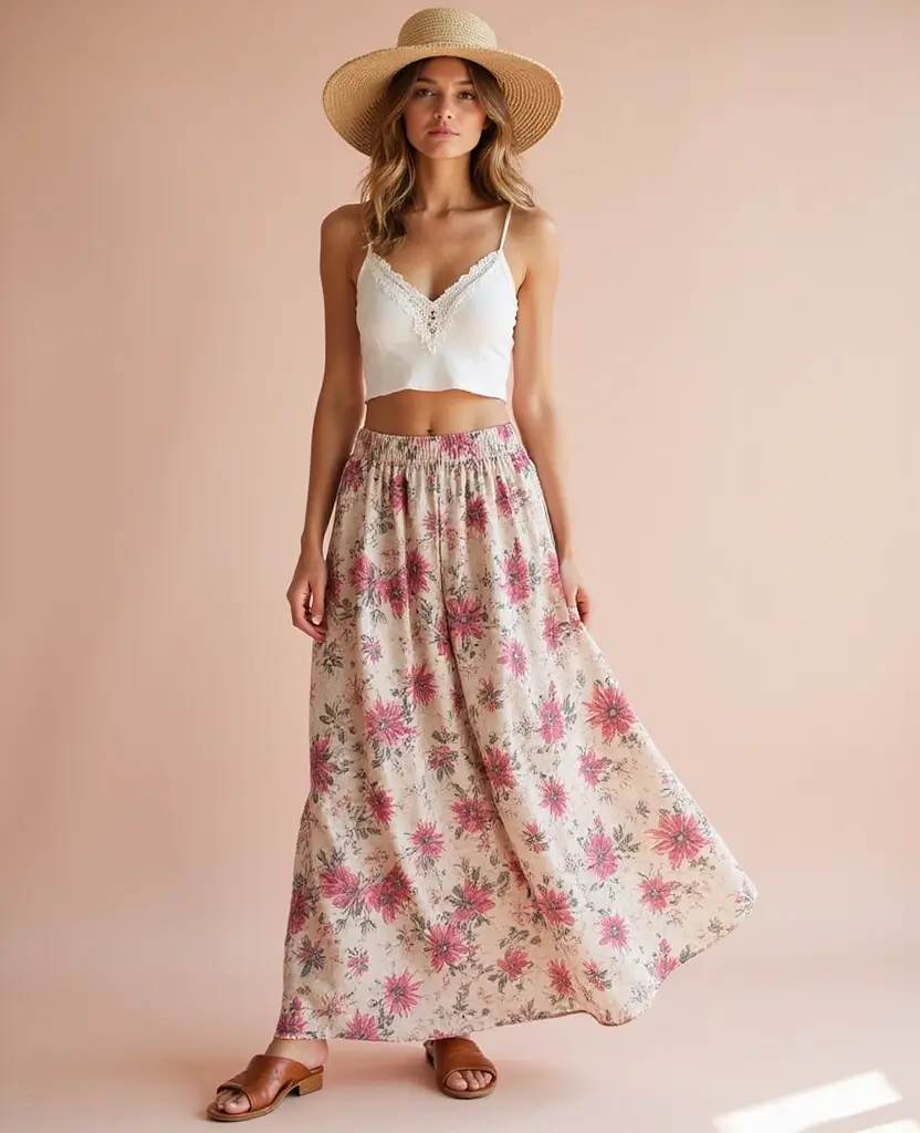 22 Casual Outfit Ideas for Laid-Back Days - 16. Flowy Maxi Skirt with a Simple Crop Top