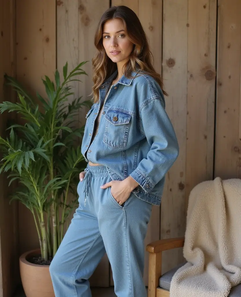 22 Casual Outfit Ideas for Laid-Back Days - 3. Recycled Denim Jacket with Joggers