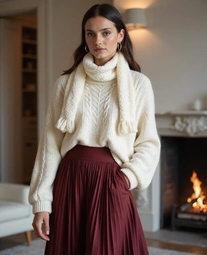 22 Cold Weather Outfit Ideas That Are Still Cute - 18. Cable Knit Sweater and Pleated Skirt