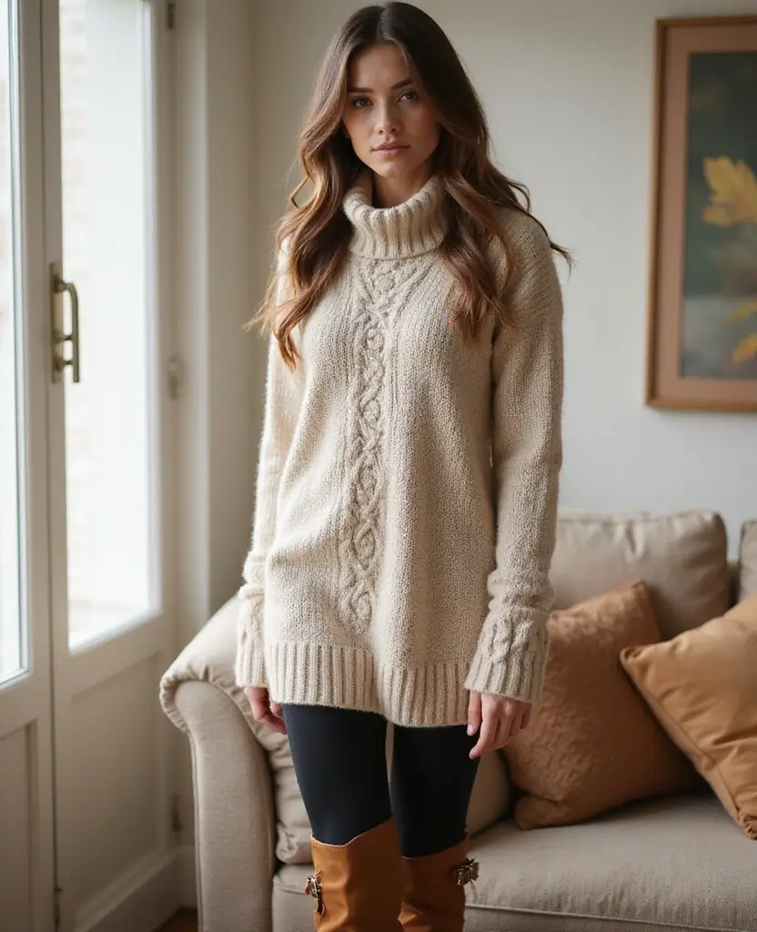 22 Dress and Boots Combos That Are Totally On-Trend - 5. Sweater Dress with Leggings