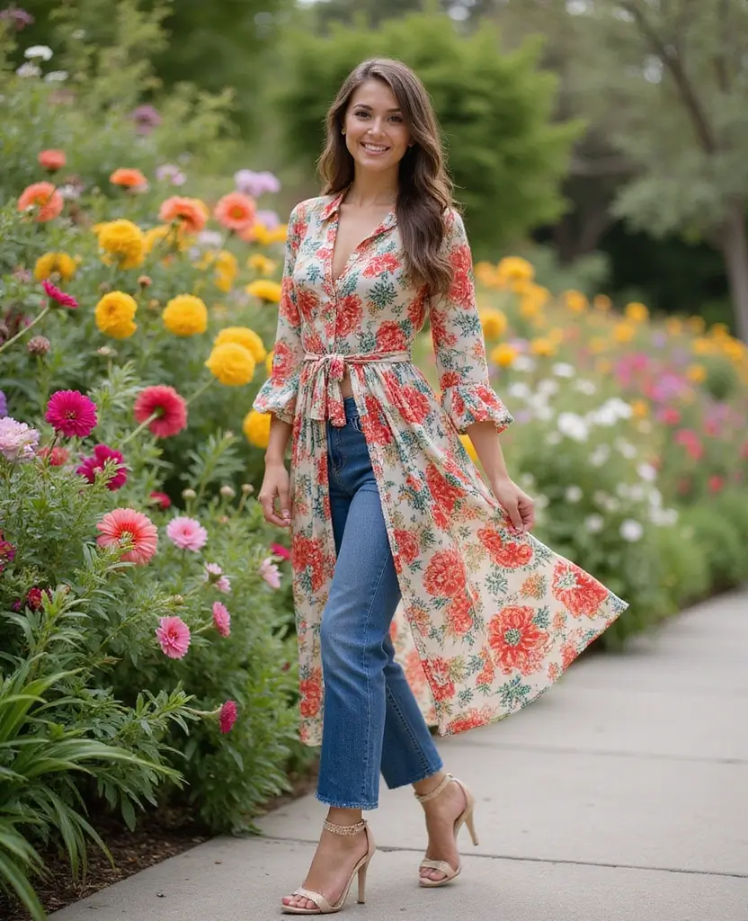 22 Dress and Boots Combos That Are Totally On-Trend - 7. Floral Dress Over Straight-Leg Jeans