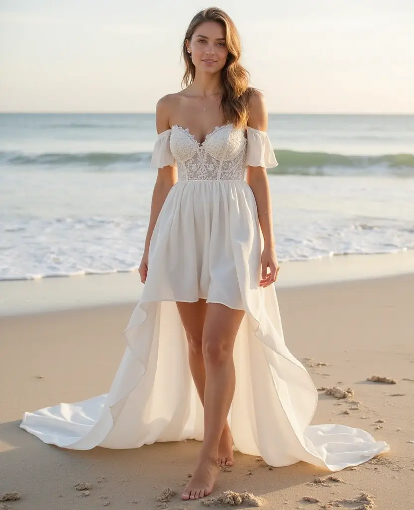 22 Off-the-Shoulder Wedding Dresses for a Romantic Look - 14. High-Low Hemlines