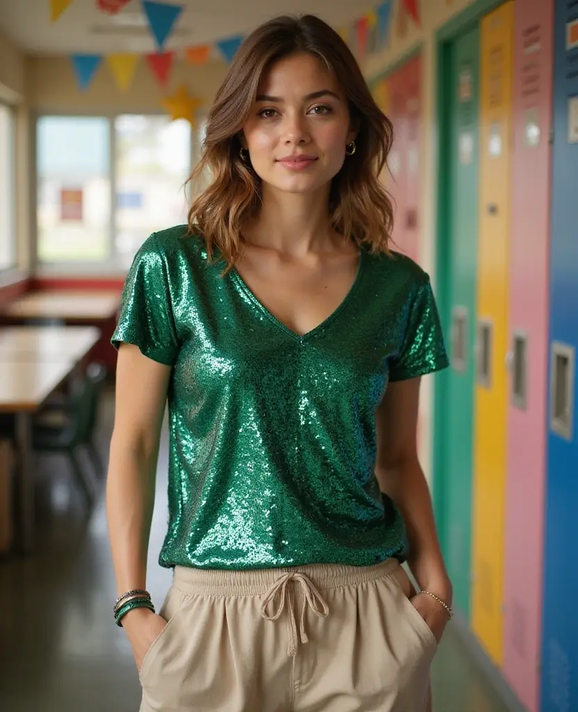 22 School Outfit Ideas for Every Dress Code - 18. Trendy Sequin Top with Casual Pants