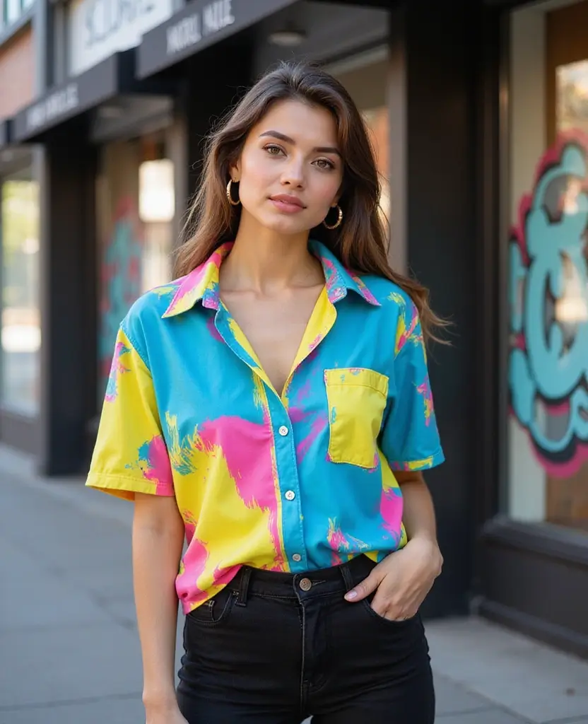 22 Summer Outfit Ideas for Hot Days - 11. Bright Graphic Dress Shirt